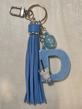Cute Blue Resin Letter D Keychain Bubble Tea Charm Faux Leather Tassel